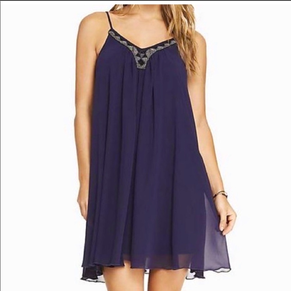 Express Purple Beaded Trapeze Flowy V-Neck Spaghetti Strap Chiffon Dress